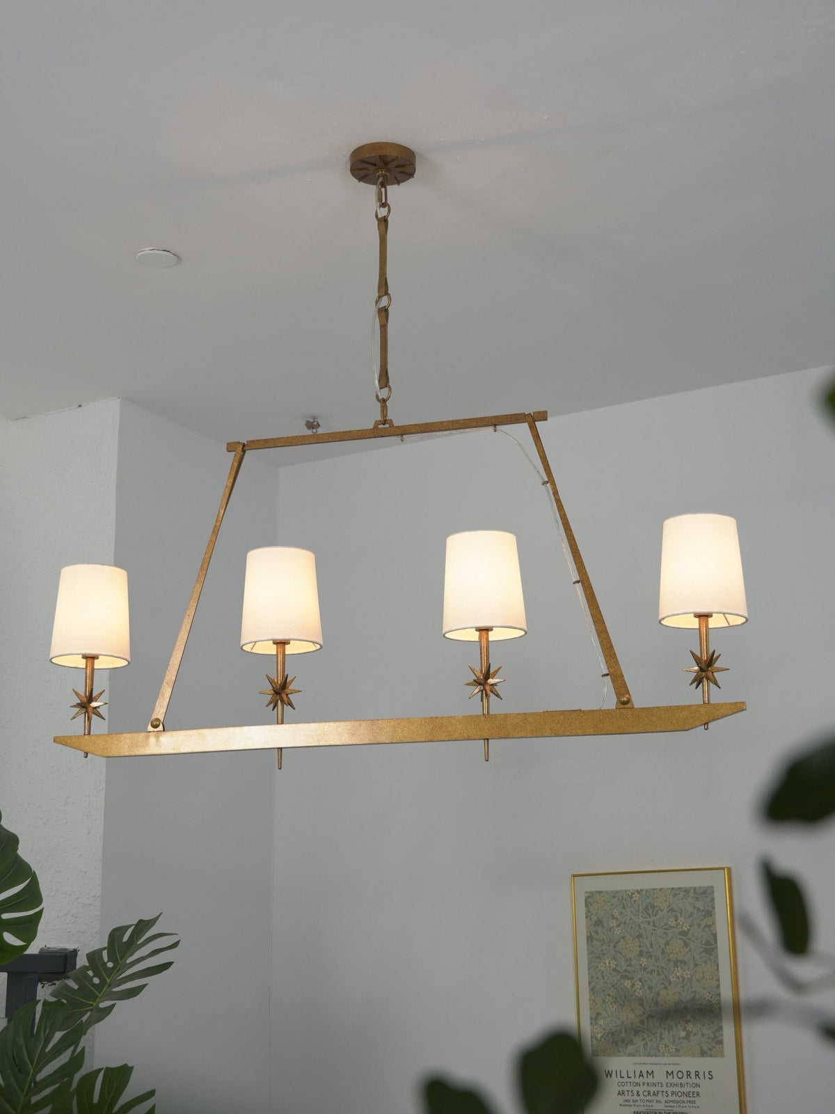 Stellar Frame Linear Chandelier in Brass with Fabric Shades