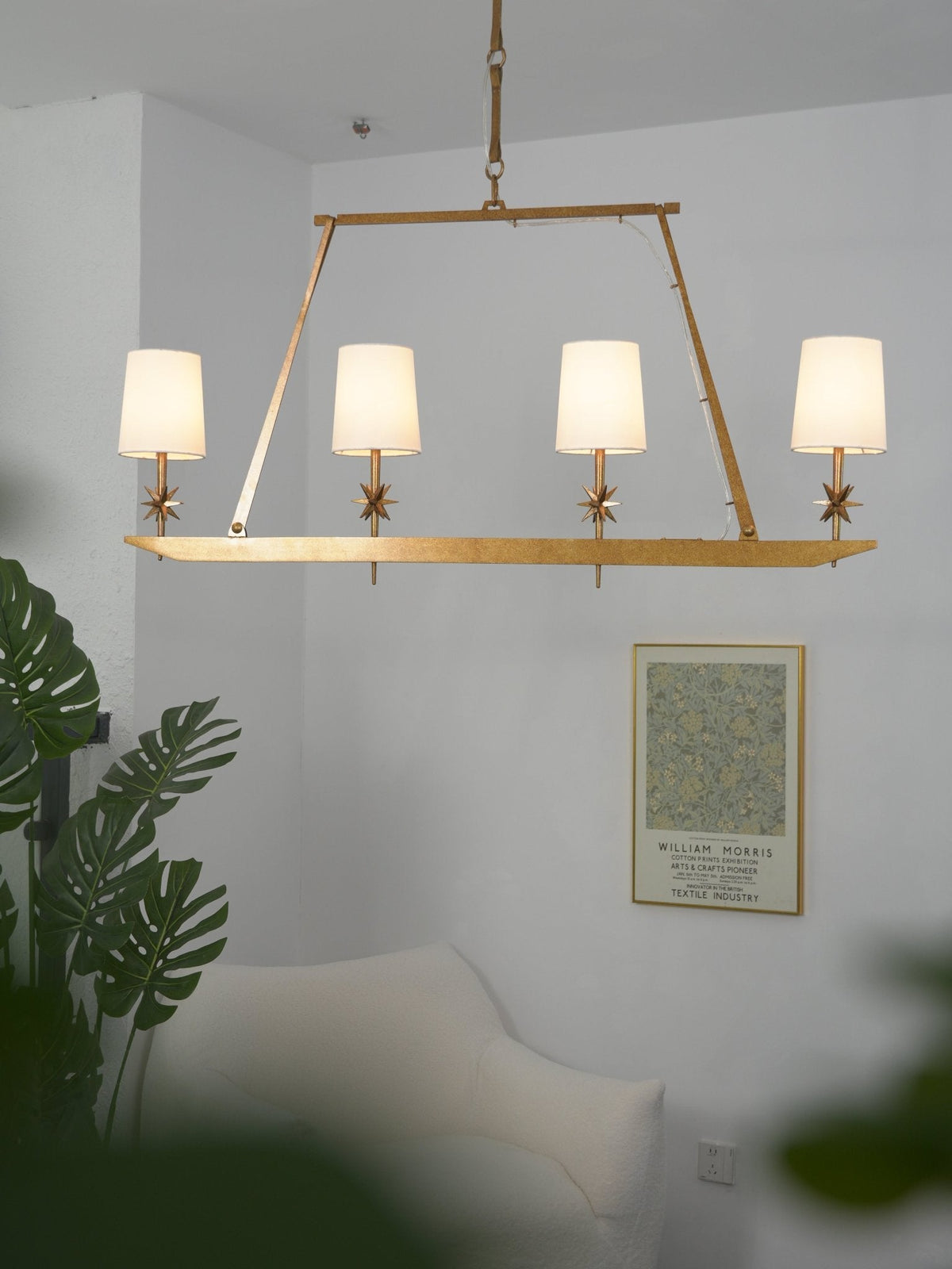 Stellar Frame Linear Chandelier in Brass with Fabric Shades