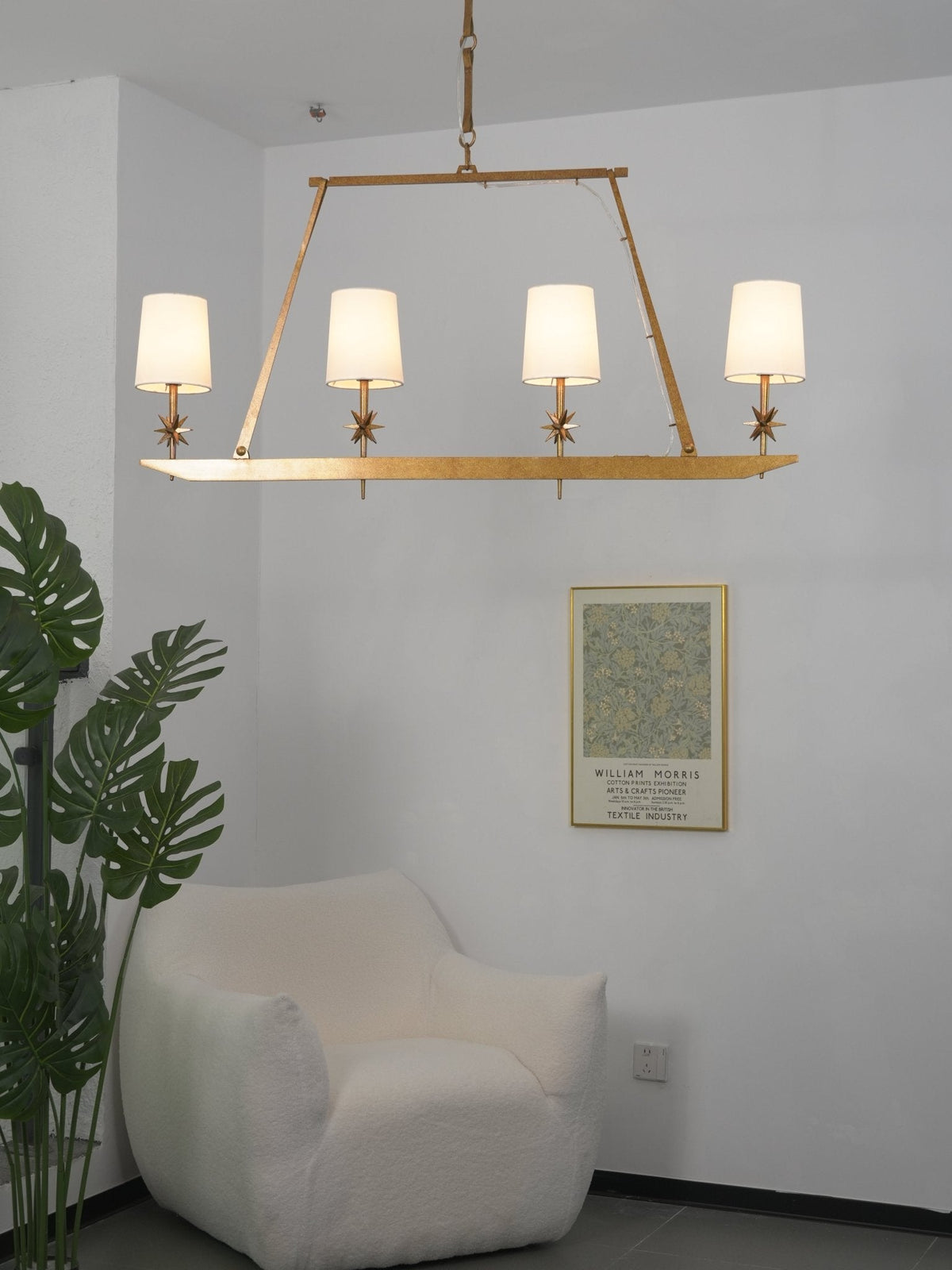 Stellar Frame Linear Chandelier in Brass with Fabric Shades