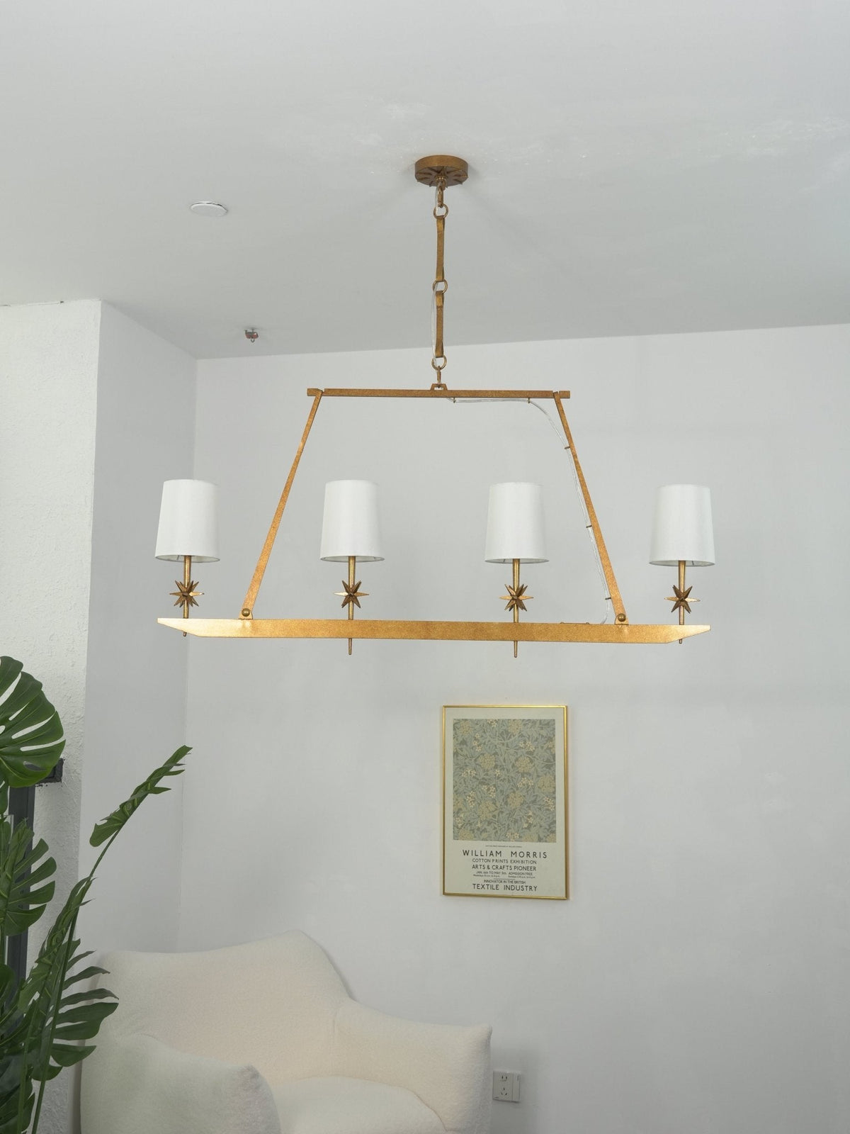 Stellar Frame Linear Chandelier in Brass with Fabric Shades