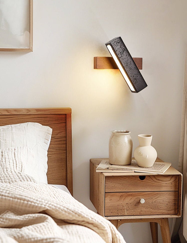 Stellar Pivot Sconce — Black Travertine & Walnut LED Wall Light