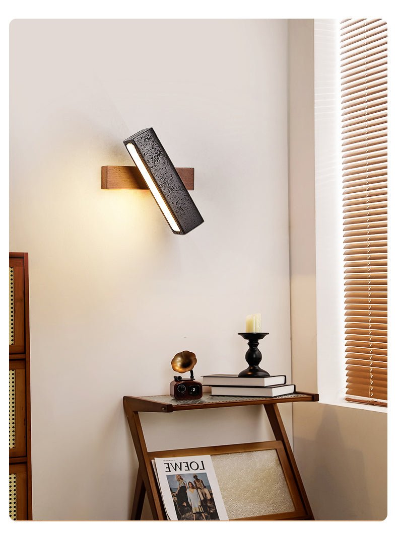 Stellar Pivot Sconce — Black Travertine & Walnut LED Wall Light