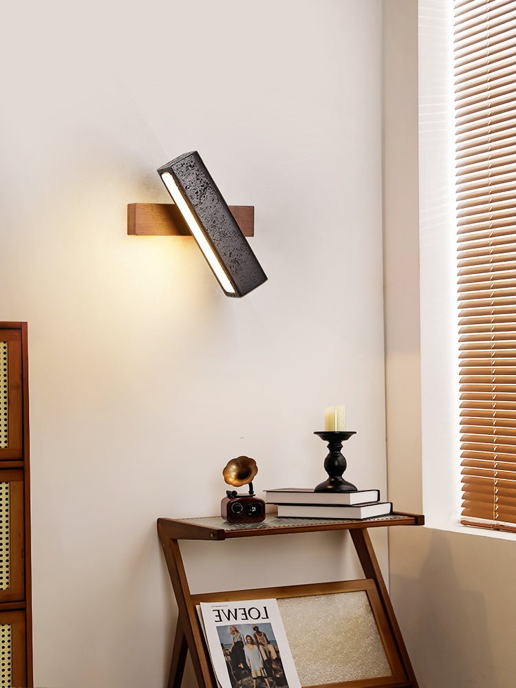 Stellar Pivot Sconce — Black Travertine & Walnut LED Wall Light