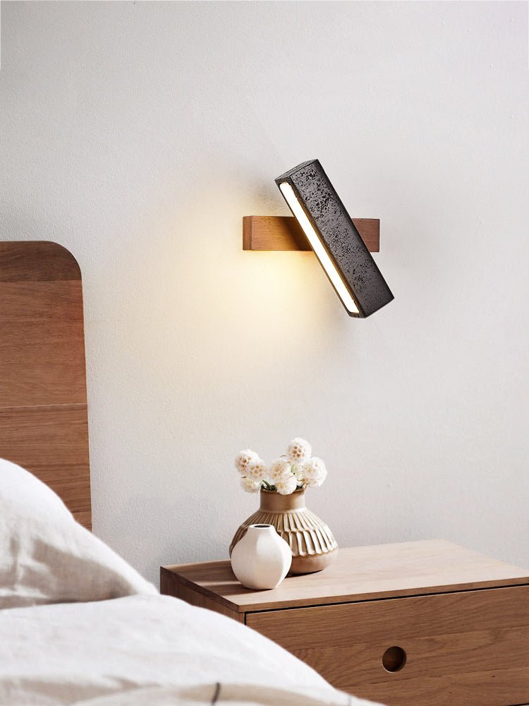 Stellar Pivot Sconce — Black Travertine & Walnut LED Wall Light