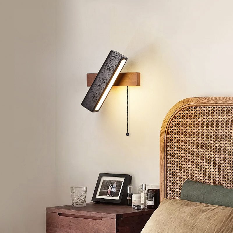 Stellar Pivot Sconce — Black Travertine & Walnut LED Wall Light