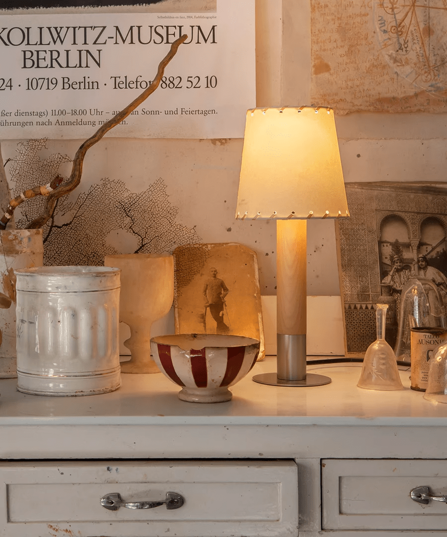 Stitched Table Lamp with Natural Parchment Shade and Wooden Base
