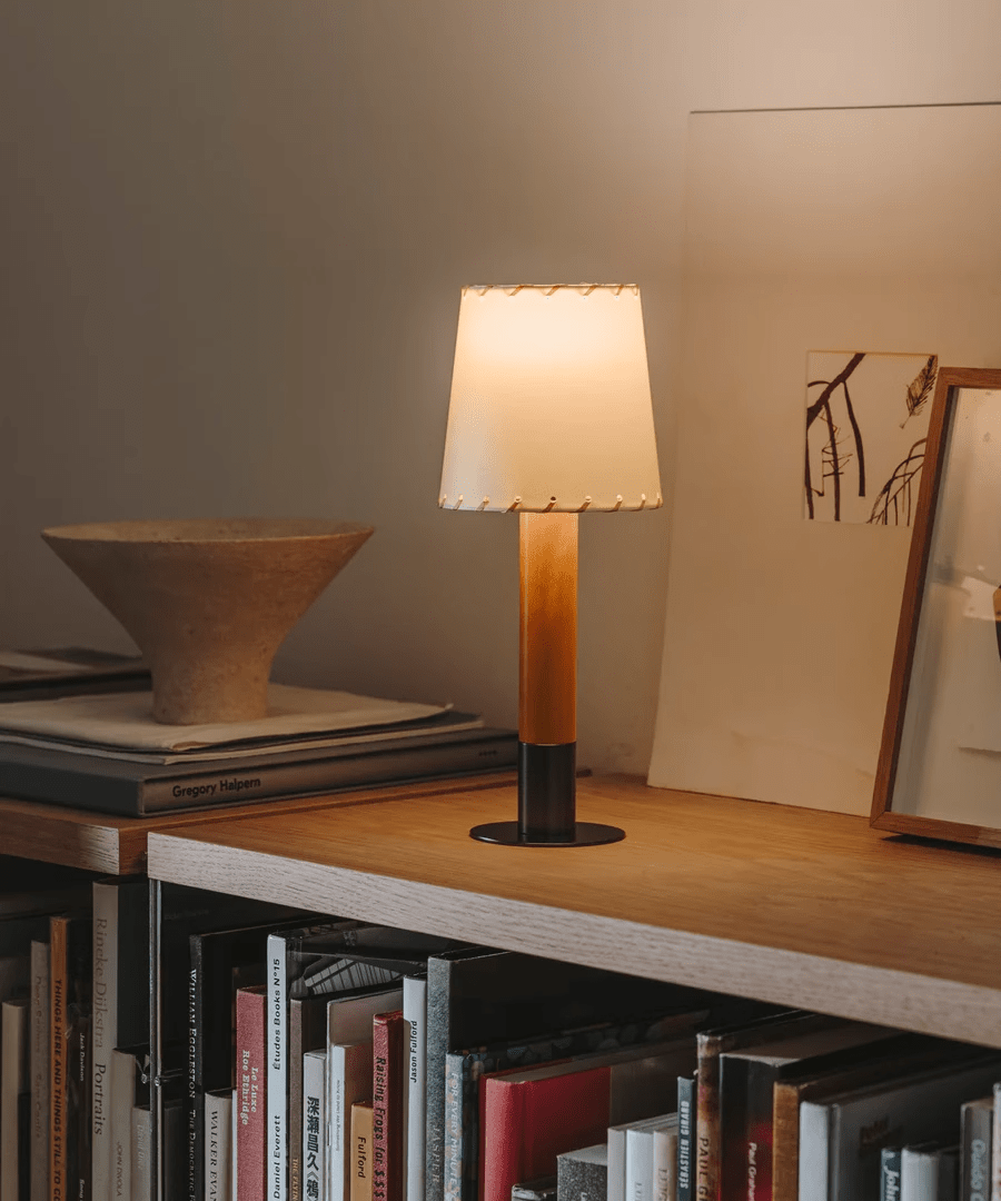 Stitched Table Lamp with Natural Parchment Shade and Wooden Base