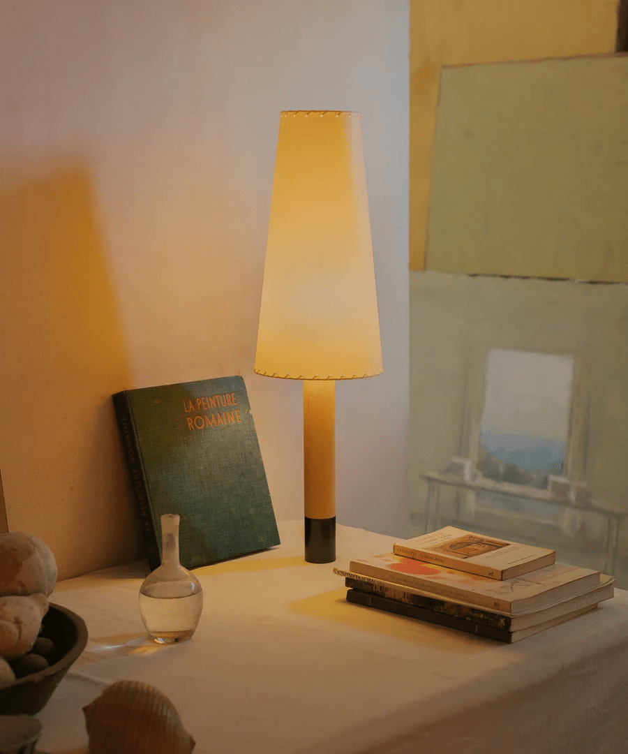 Stitched Table Lamp with Natural Parchment Shade and Wooden Base