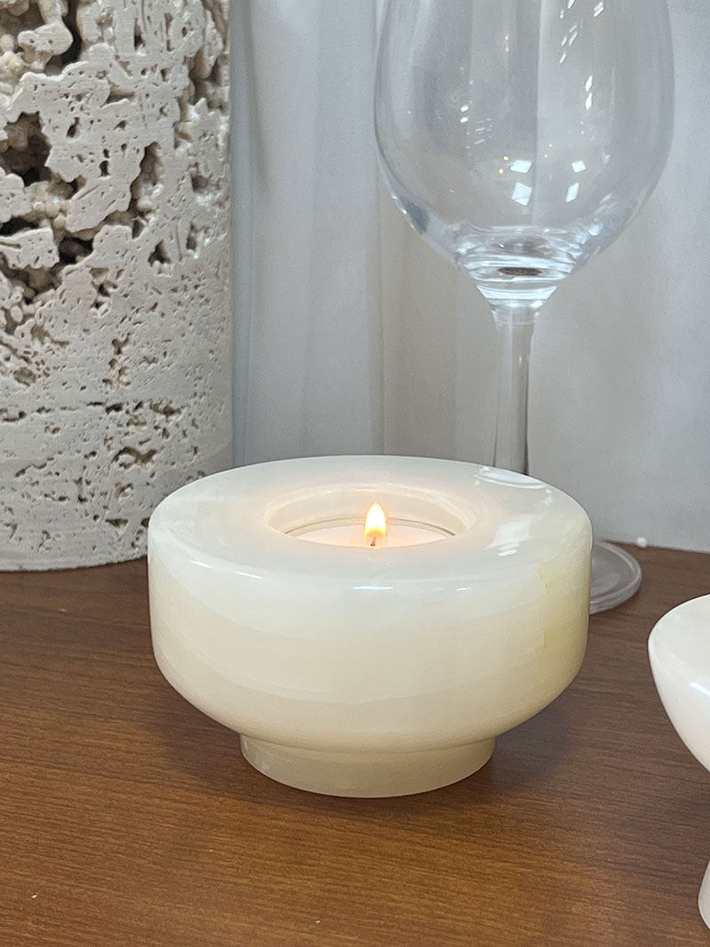 Stone Halo Candle Holder Set – Natural Marble, Jade & Travertine Tabletop Accents