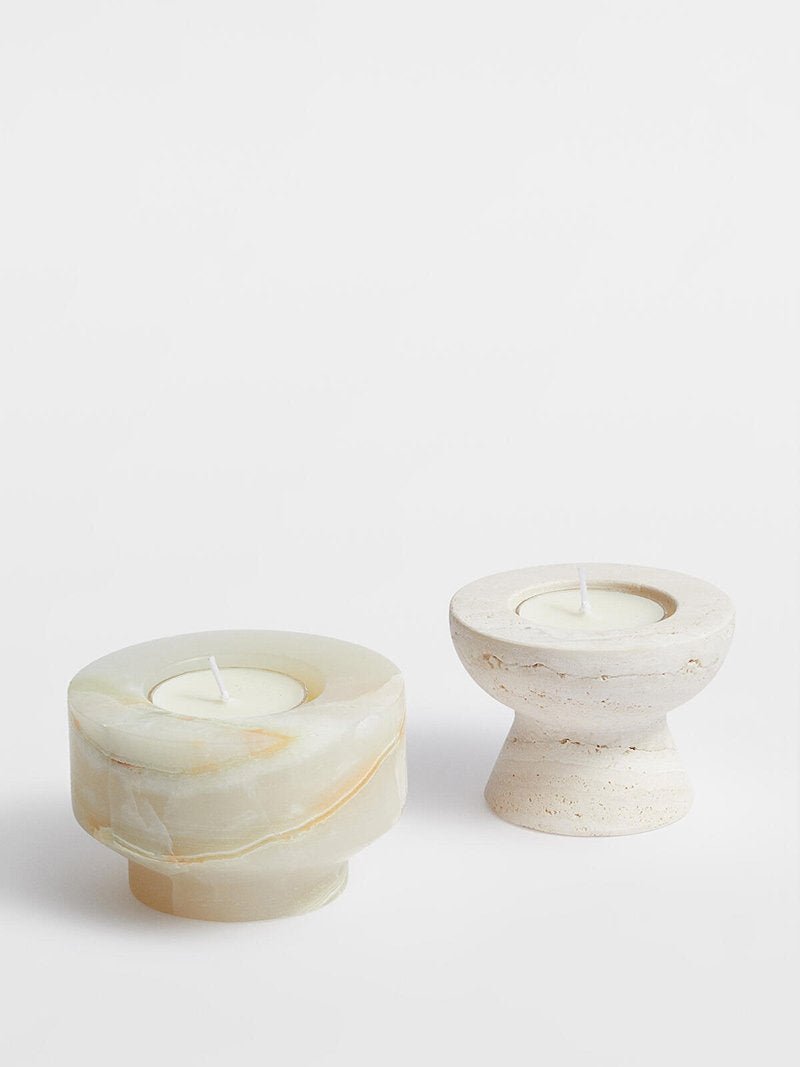 Stone Halo Candle Holder Set – Natural Marble, Jade & Travertine Tabletop Accents