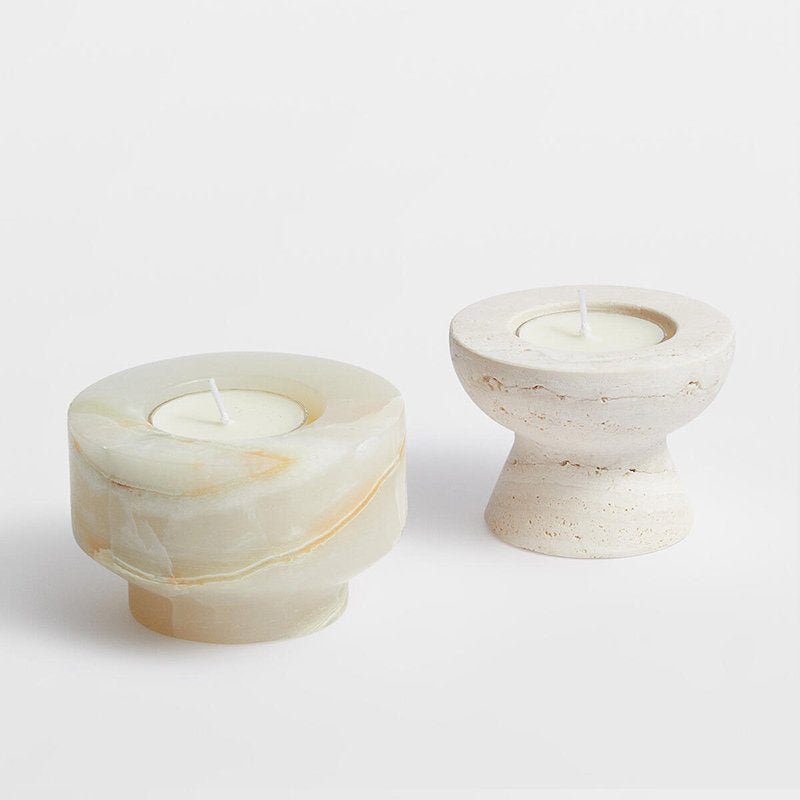 Stone Halo Candle Holder Set – Natural Marble, Jade & Travertine Tabletop Accents