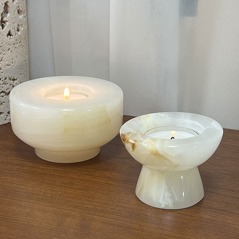 Stone Halo Candle Holder Set – Natural Marble, Jade & Travertine Tabletop Accents