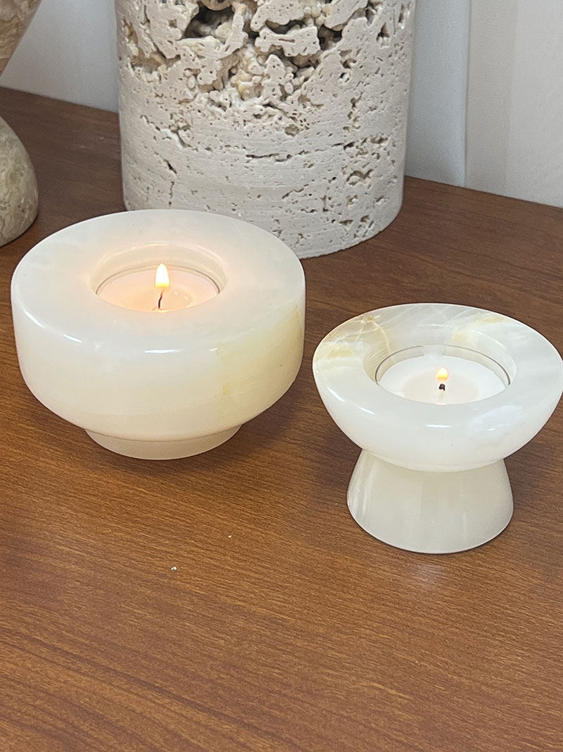 Stone Halo Candle Holder Set – Natural Marble, Jade & Travertine Tabletop Accents