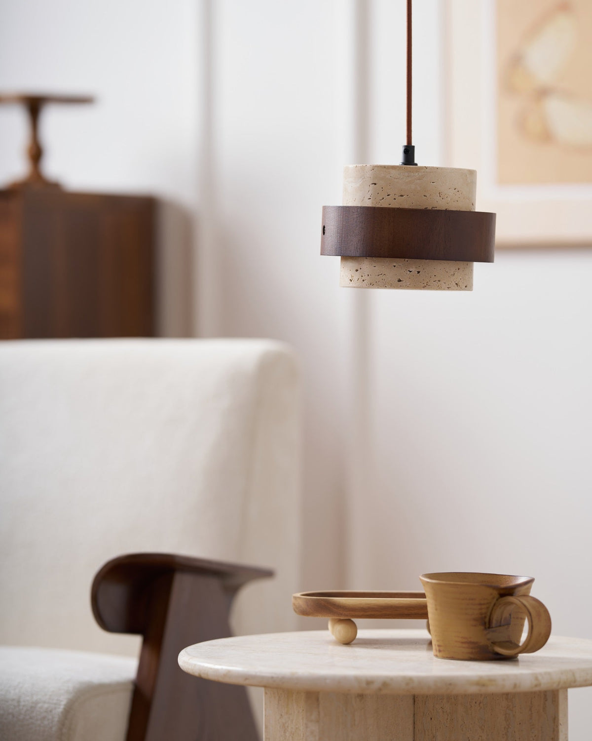 Stonova Pendant Light in Travertine and Walnut — Plug-In Swag Lamp