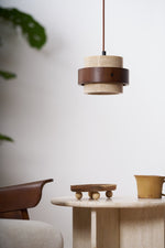 Stonova Pendant Light in Travertine and Walnut — Plug-In Swag Lamp