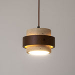 Stonova Pendant Light in Travertine and Walnut — Plug-In Swag Lamp