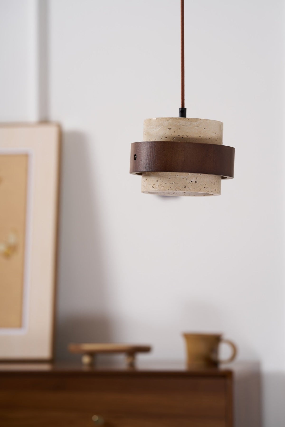 Stonova Pendant Light in Travertine and Walnut — Plug-In Swag Lamp