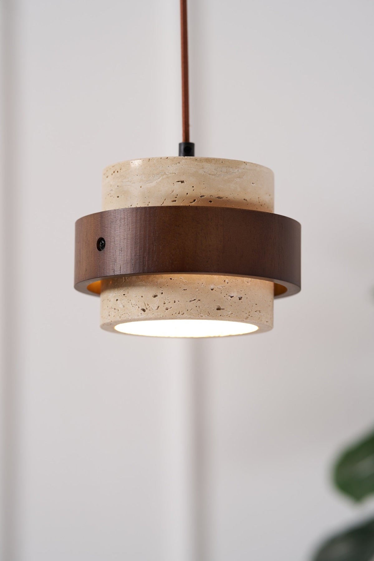 Stonova Pendant Light in Travertine and Walnut — Plug-In Swag Lamp