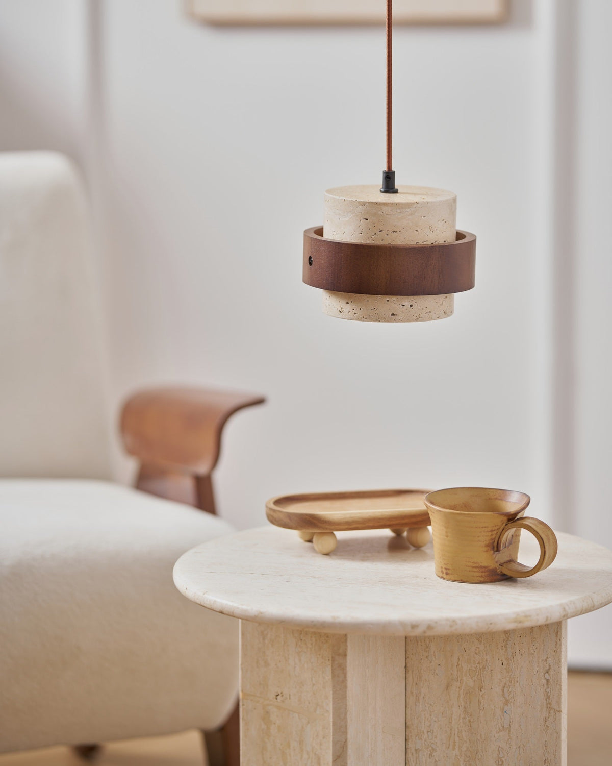 Stonova Pendant Light in Travertine and Walnut — Plug-In Swag Lamp