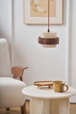 Stonova Pendant Light in Travertine and Walnut — Plug-In Swag Lamp