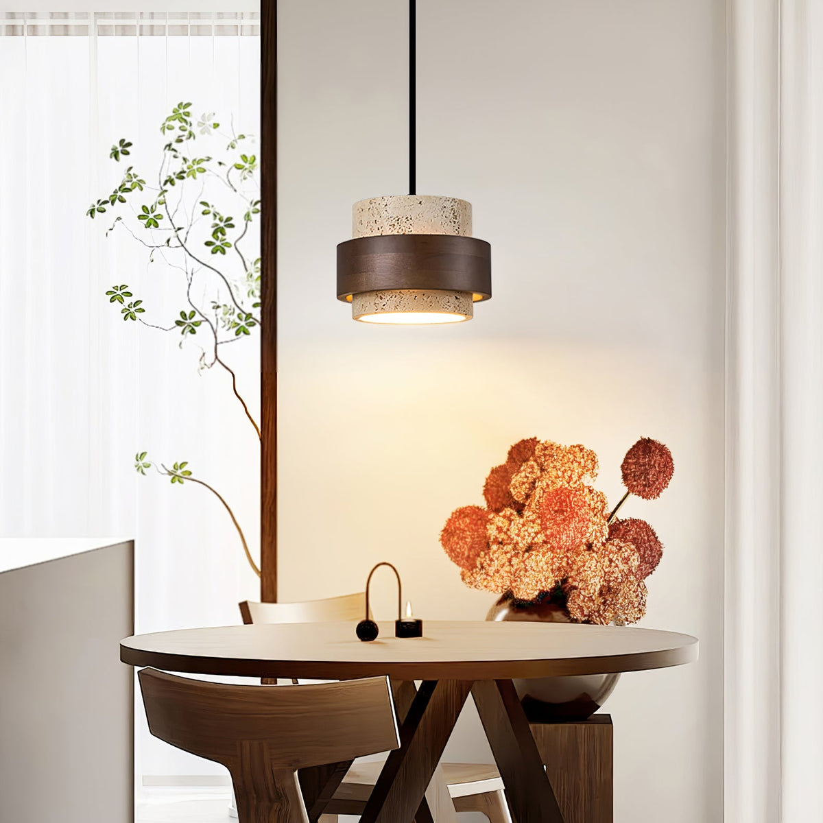 Stonova Pendant Light in Travertine and Walnut — Plug-In Swag Lamp