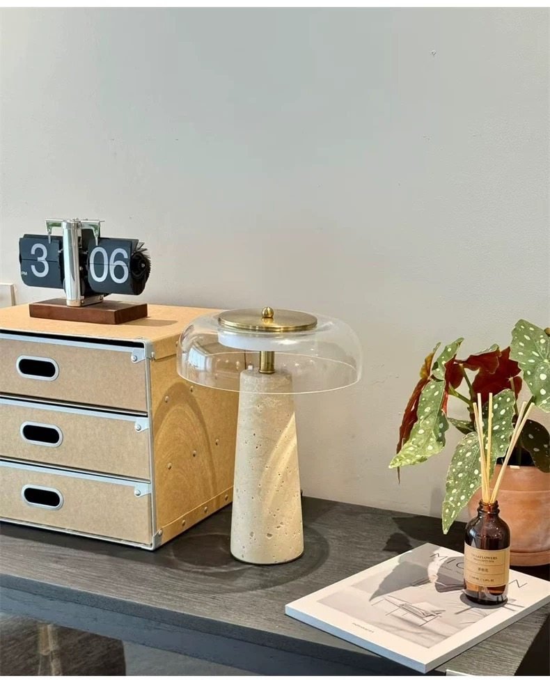Strata Table Lamp in Yellow Travertine with Smoked Glass Shade