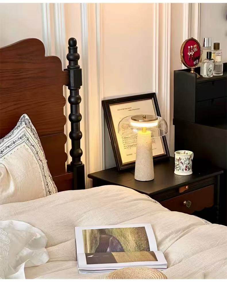 Strata Table Lamp in Yellow Travertine with Smoked Glass Shade