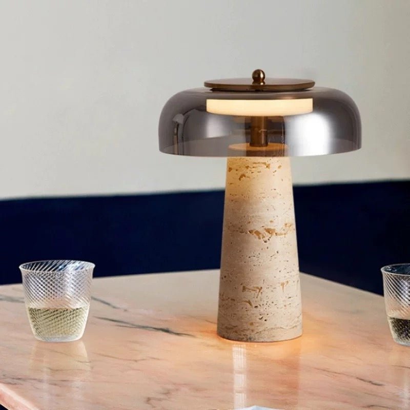 Strata Table Lamp in Yellow Travertine with Smoked Glass Shade