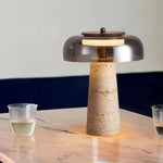 Strata Table Lamp in Yellow Travertine with Smoked Glass Shade