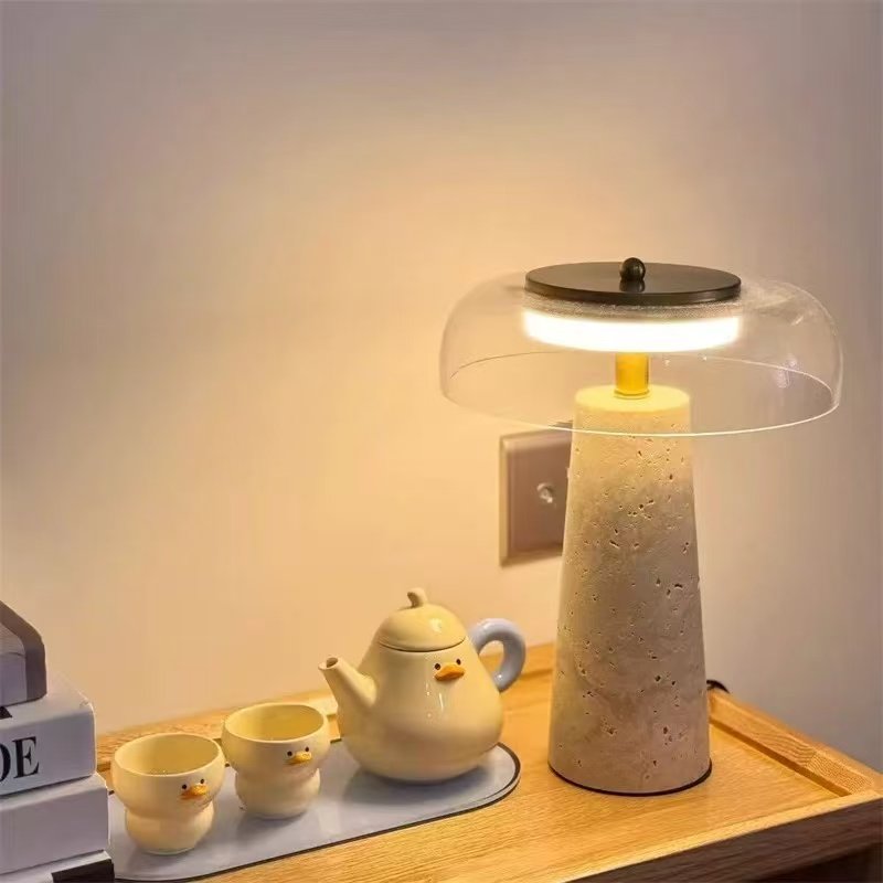 Strata Table Lamp in Yellow Travertine with Smoked Glass Shade