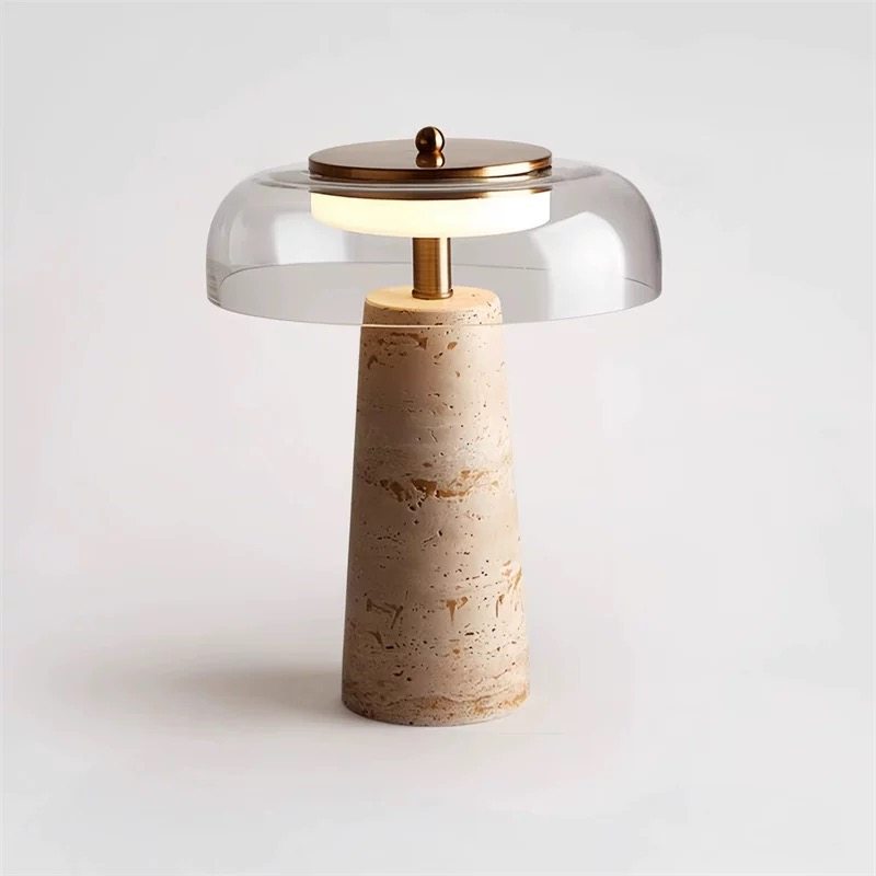 Strata Table Lamp in Yellow Travertine with Smoked Glass Shade