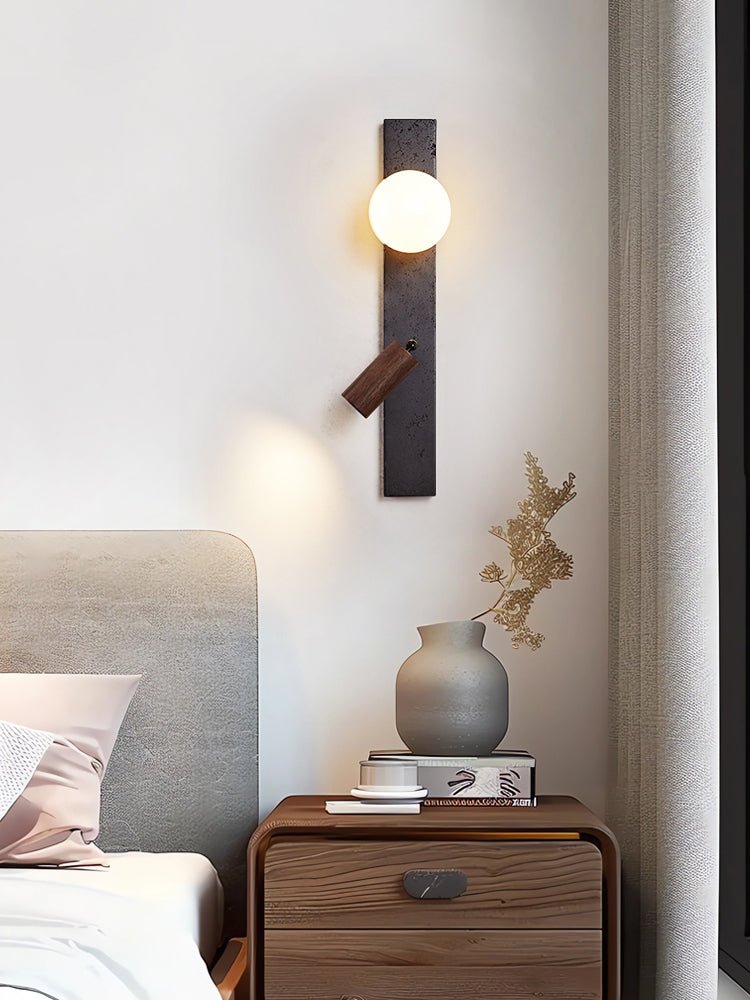 Strato Beam Wall Sconce in Black Travertine and Walnut with Opal Glass
