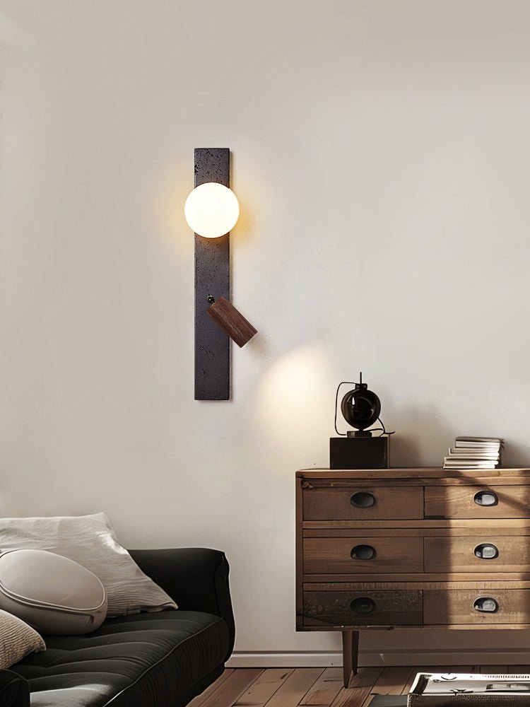 Strato Beam Wall Sconce in Black Travertine and Walnut with Opal Glass