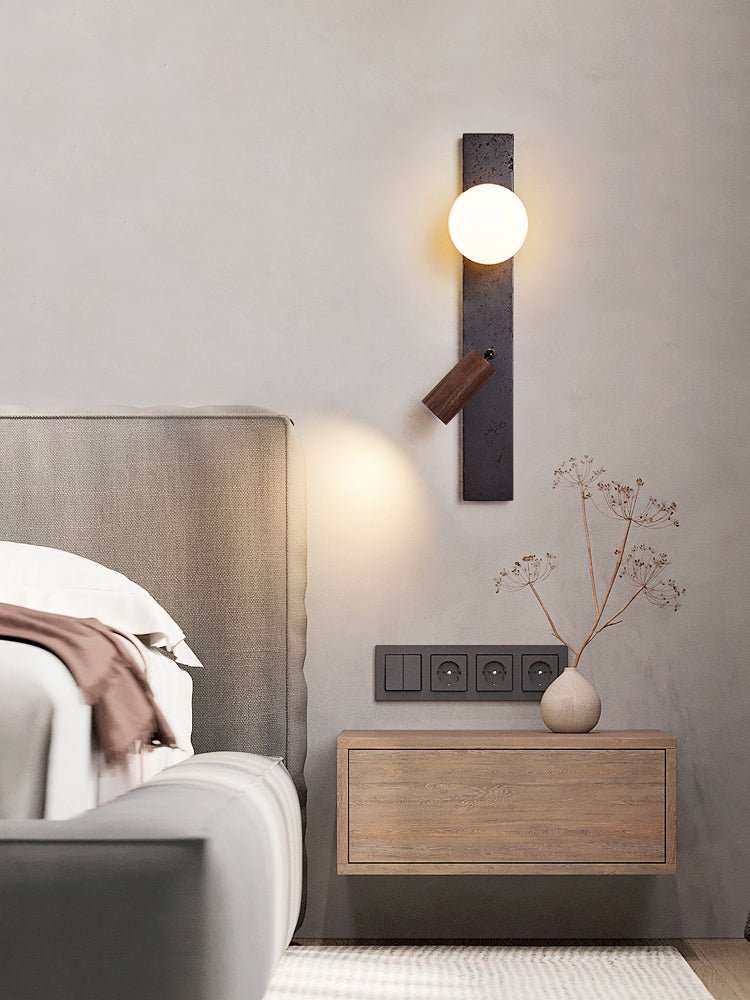 Strato Beam Wall Sconce in Black Travertine and Walnut with Opal Glass
