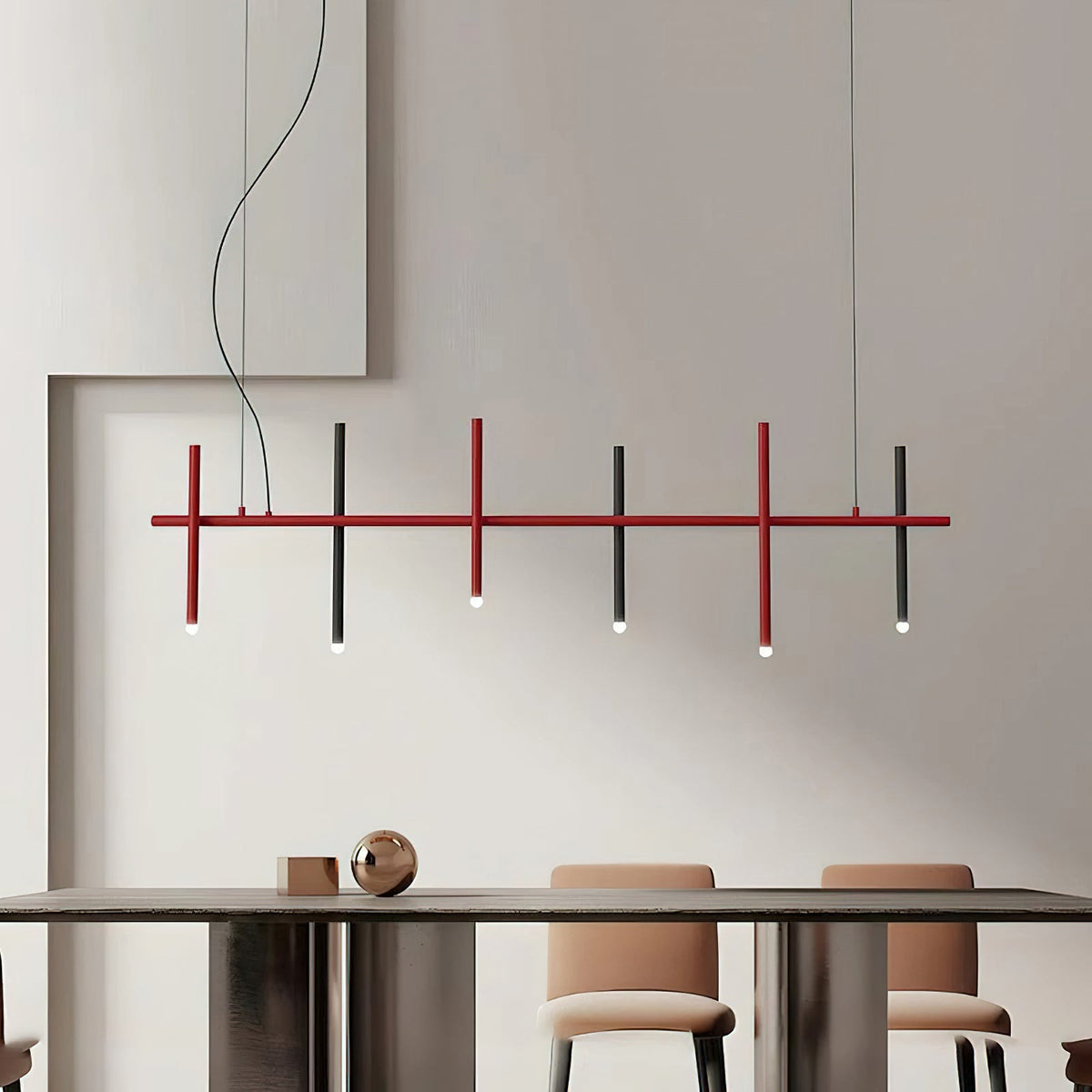 Stratus Line Modern Linear Pendant Light, Red & Black Metal LED Chandelier