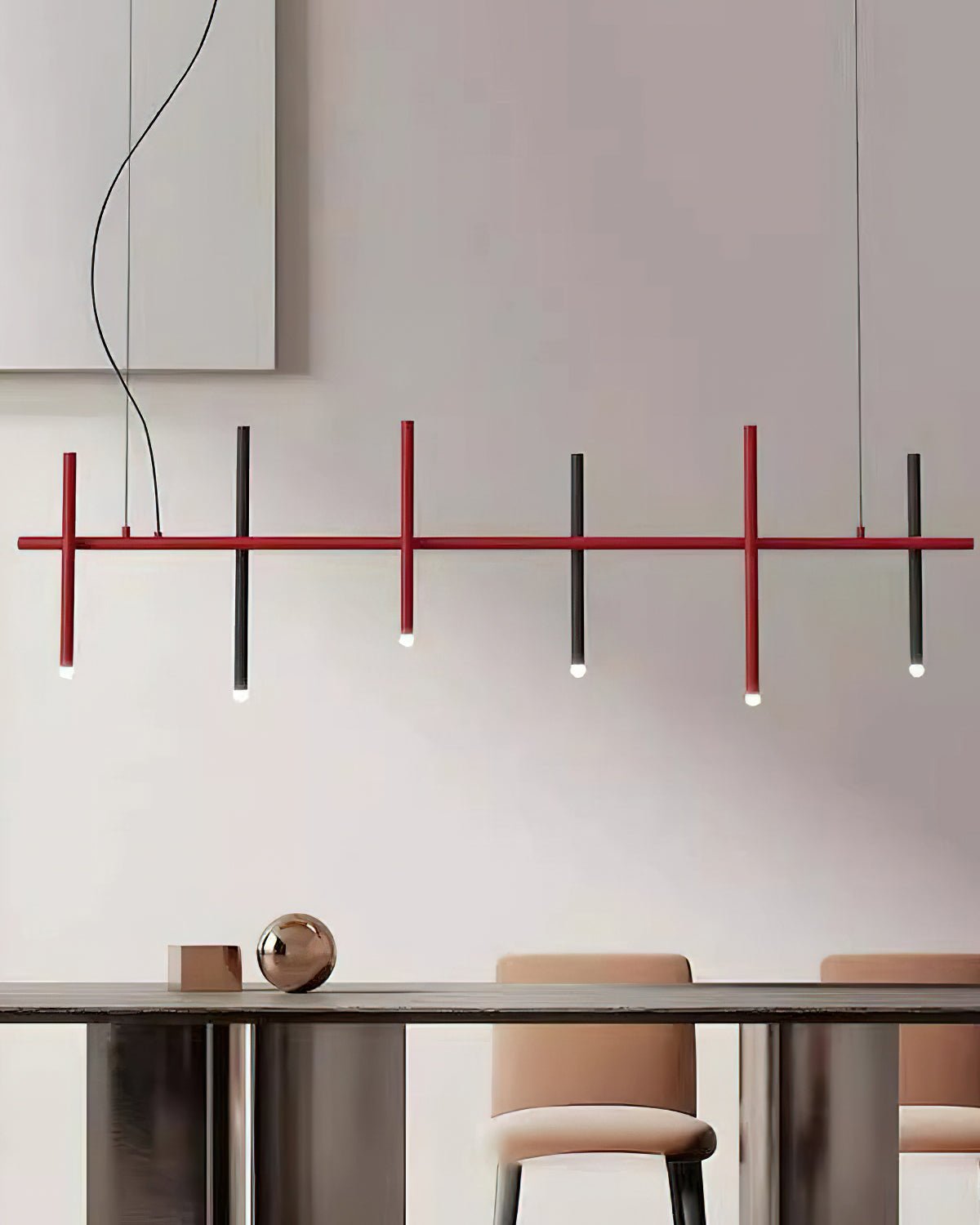 Stratus Line Modern Linear Pendant Light, Red & Black Metal LED Chandelier
