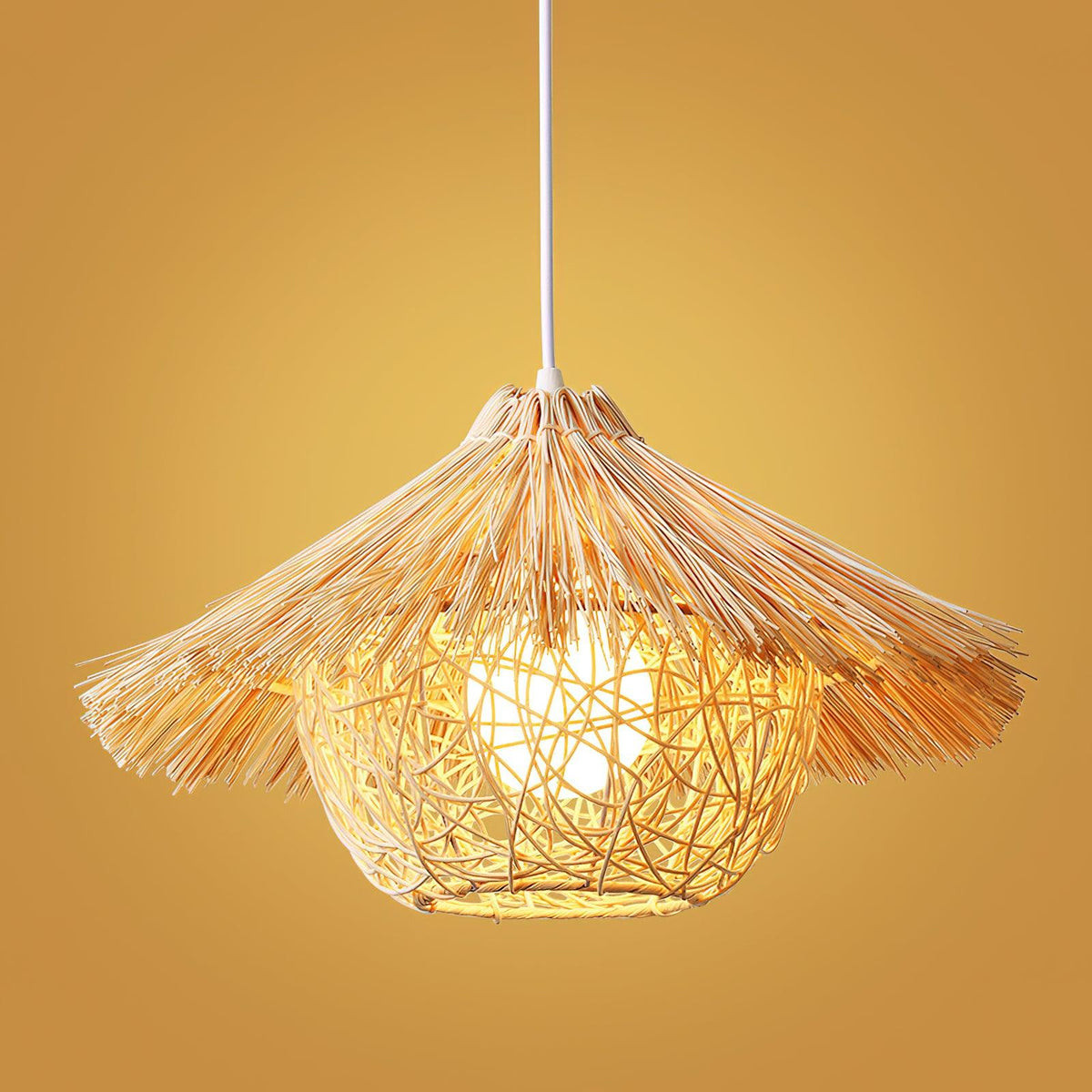Handwoven Rattan Pendant Light with Iron Frame, Natural Straw Hat Chandelier for Modern Interiors