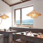 Handwoven Rattan Pendant Light with Iron Frame, Natural Straw Hat Chandelier for Modern Interiors