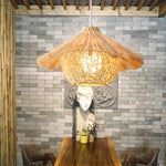 Handwoven Rattan Pendant Light with Iron Frame, Natural Straw Hat Chandelier for Modern Interiors