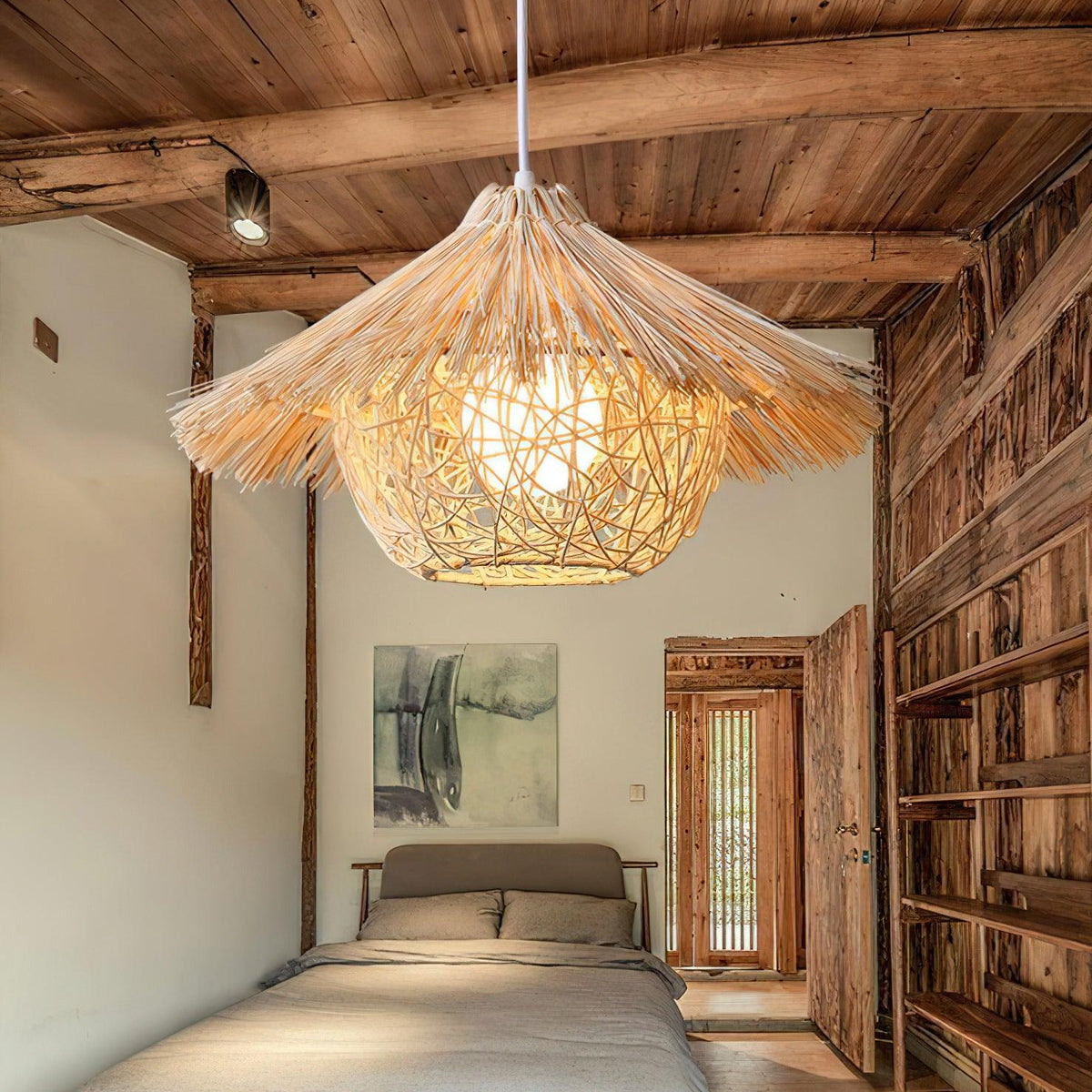 Handwoven Rattan Pendant Light with Iron Frame, Natural Straw Hat Chandelier for Modern Interiors