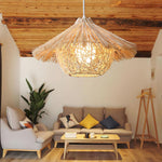Handwoven Rattan Pendant Light with Iron Frame, Natural Straw Hat Chandelier for Modern Interiors