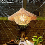 Handwoven Rattan Pendant Light with Iron Frame, Natural Straw Hat Chandelier for Modern Interiors