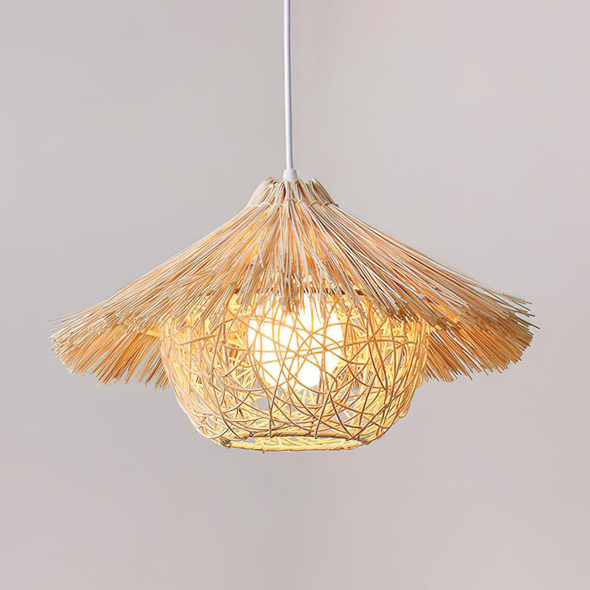 Handwoven Rattan Pendant Light with Iron Frame, Natural Straw Hat Chandelier for Modern Interiors