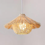 Handwoven Rattan Pendant Light with Iron Frame, Natural Straw Hat Chandelier for Modern Interiors