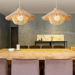 Handwoven Rattan Pendant Light with Iron Frame, Natural Straw Hat Chandelier for Modern Interiors