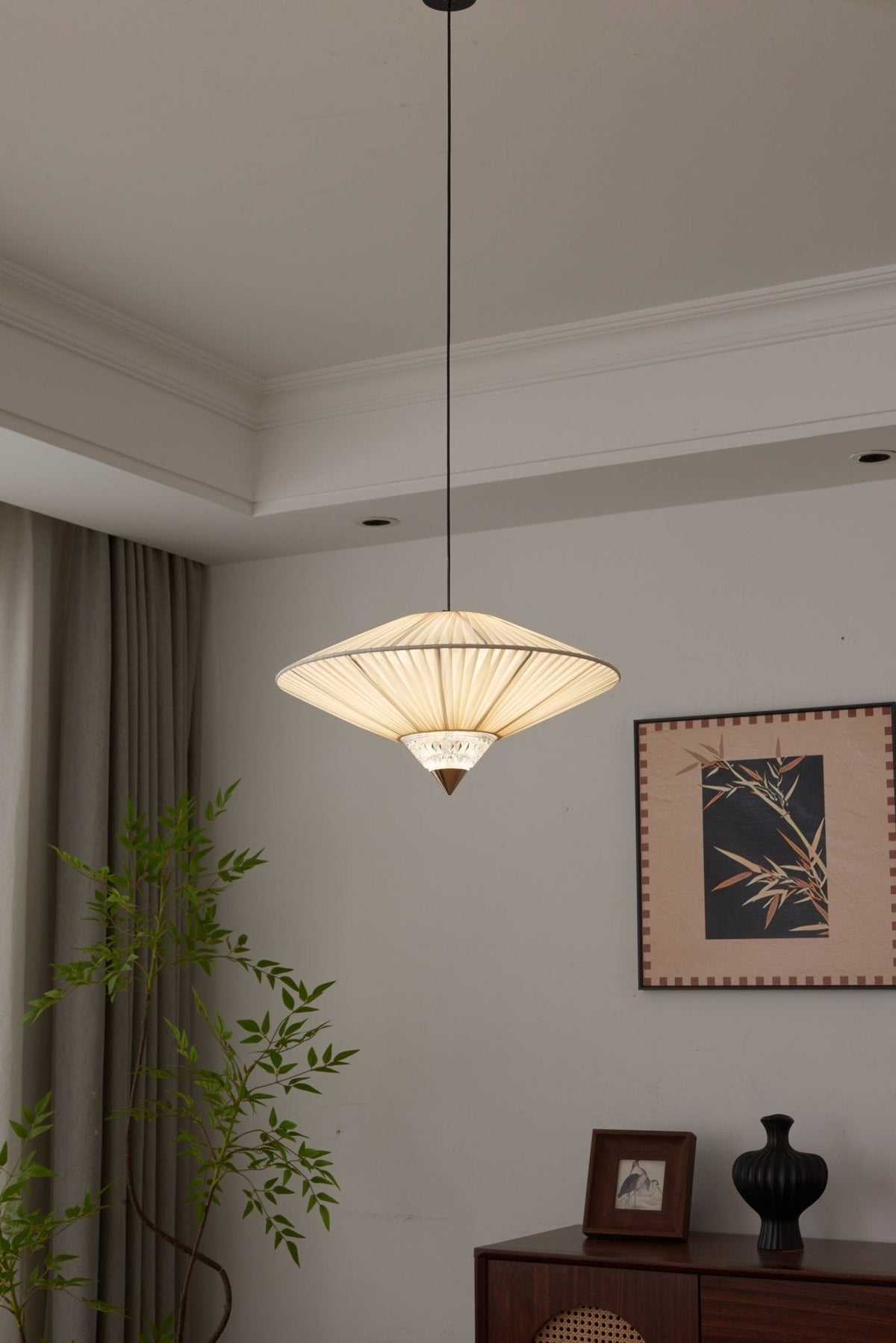 Suki Decorative Pendant Light – Pleated Fabric Shade with Crystal Diffuser