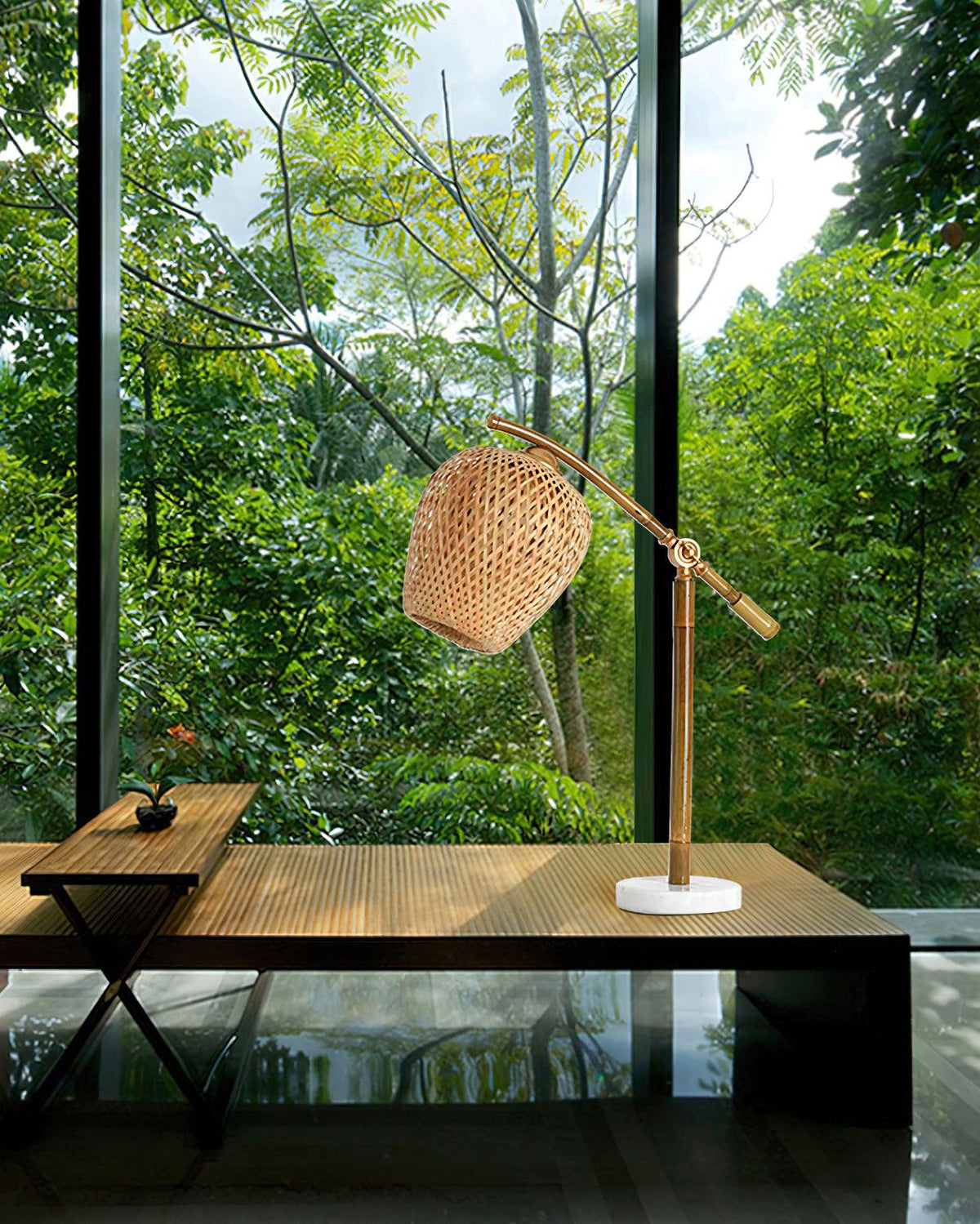 Suzhu Zen Table Lamp — Handwoven Bamboo & Marble Ambient Light