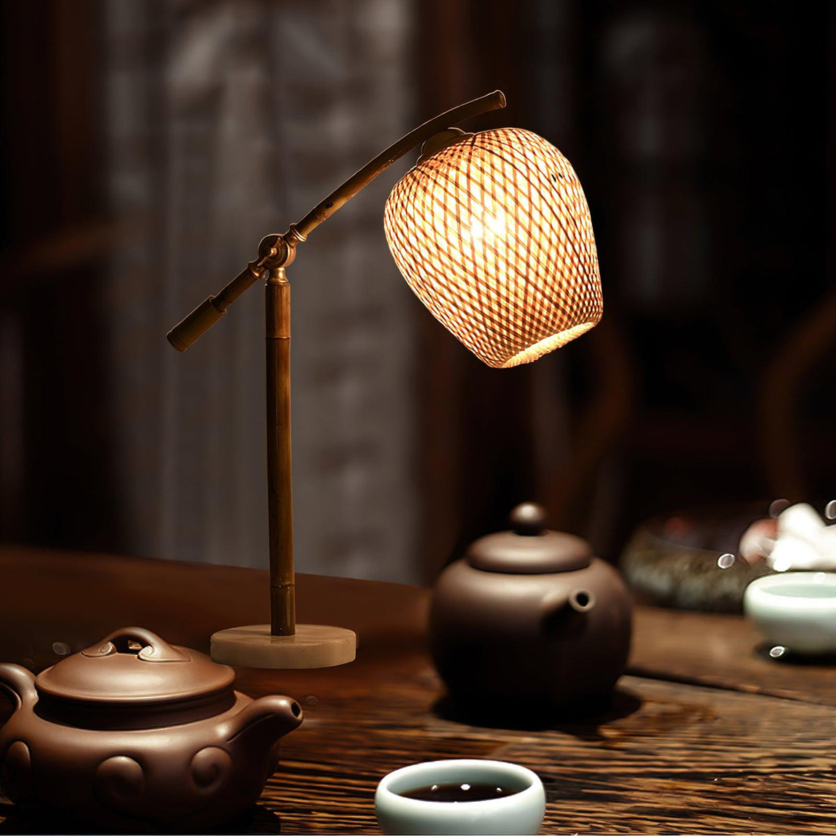 Suzhu Zen Table Lamp — Handwoven Bamboo & Marble Ambient Light