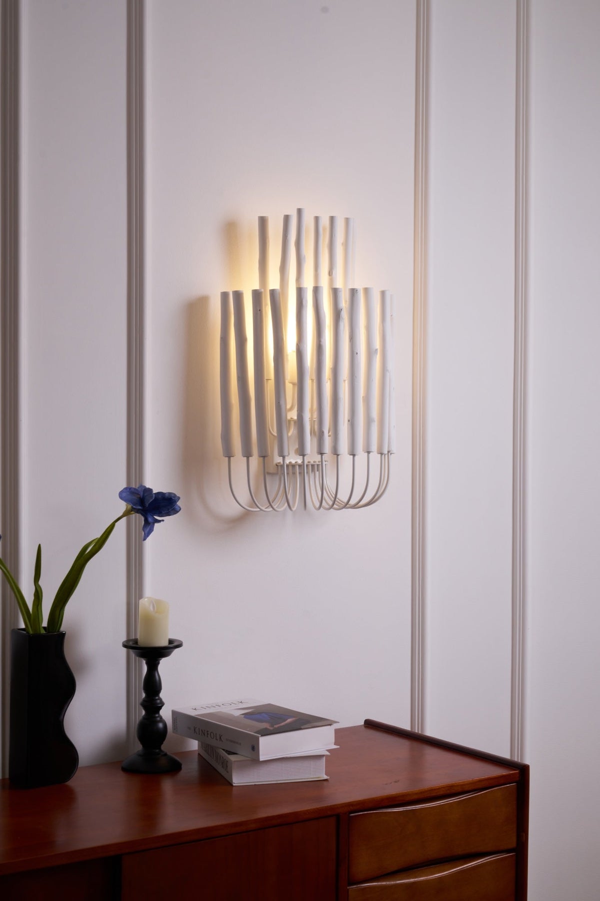 Swinton Sculptural Wooden Wall Sconce with Curved Iron Arm