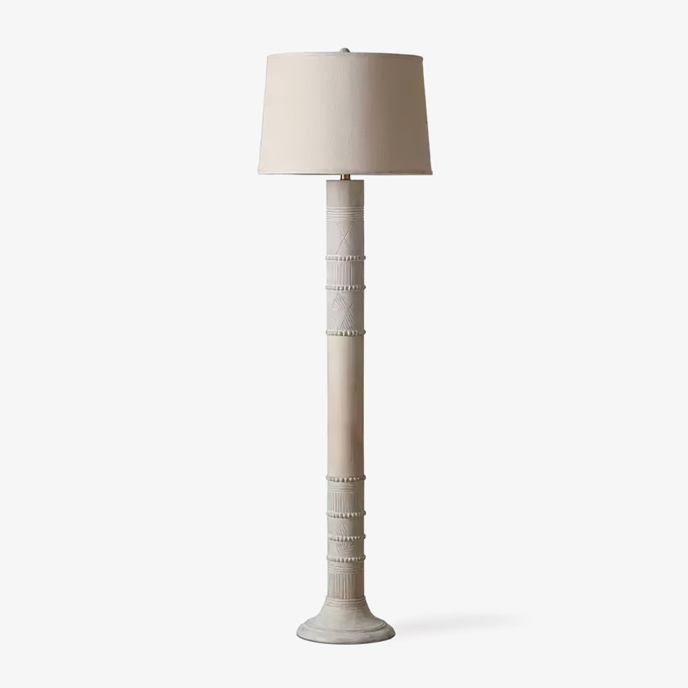 Sylvan Grace Floor Lamp – Carved Wood & Beige Fabric Standing Light